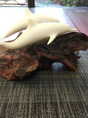 John Perry Pellucida Double Dolphin Sculpture on Burl Wood Beach Decor